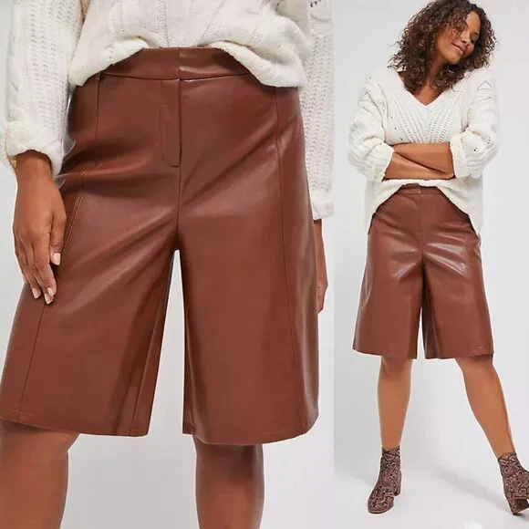 NEW Anthropologie Davina Faux Leather Culottes Pants Plus 14P Cognac Brown $128 - Picture 4 of 16